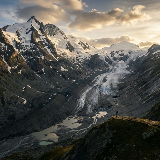 Ghiacciaio alpino in ritirata con segni evidenti di scioglimento