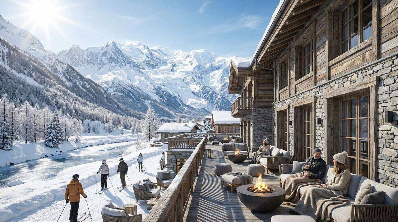 Courmayeur con il Monte Bianco innevato sullo sfondo e il centro storico valdostano