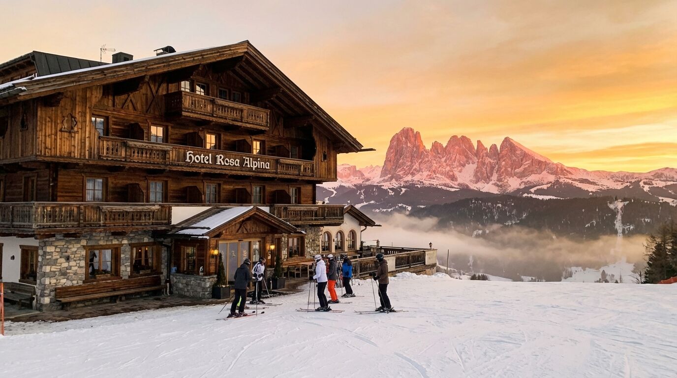 Panorama delle Dolomiti Superski con il Sella e le piste collegate viste dall'alto in inverno