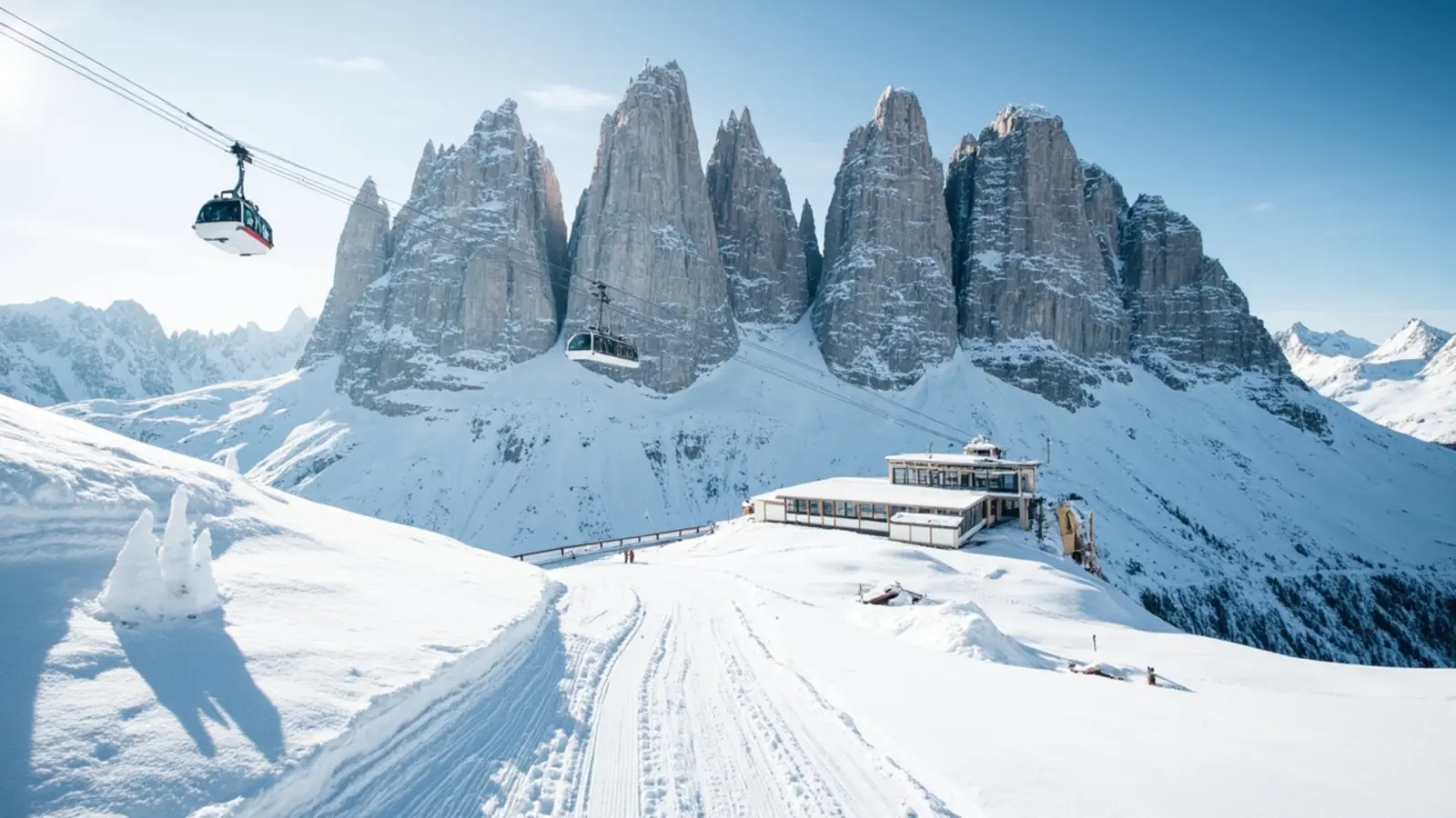 Cabinovia estiva tra prati verdi e cime innevate sulle Alpi