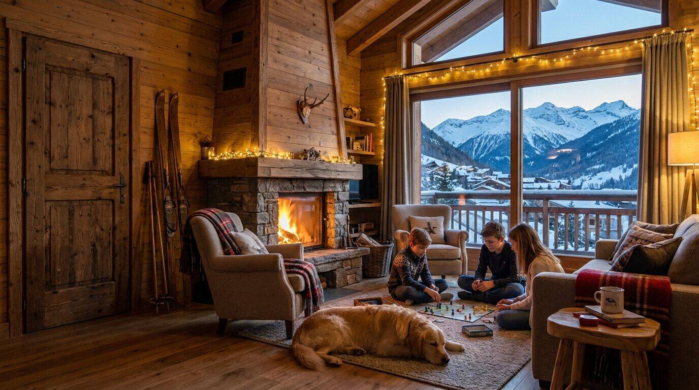 Appartamento di montagna con balcone innevato e vista sulle piste da sci alpine