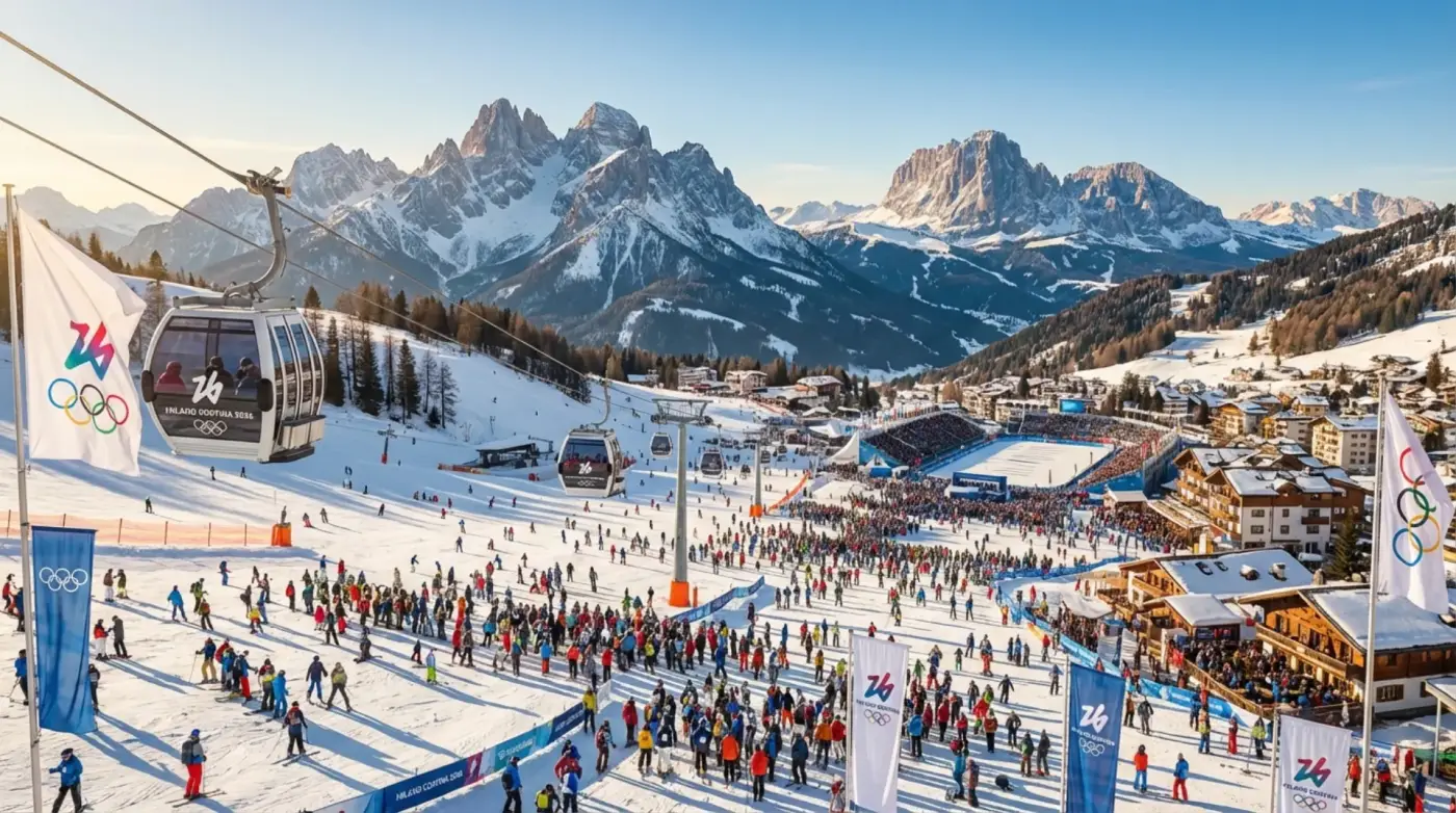 Comprensorio sciistico affollato nelle Dolomiti con sciatori e impianti moderni durante la stagione 2026