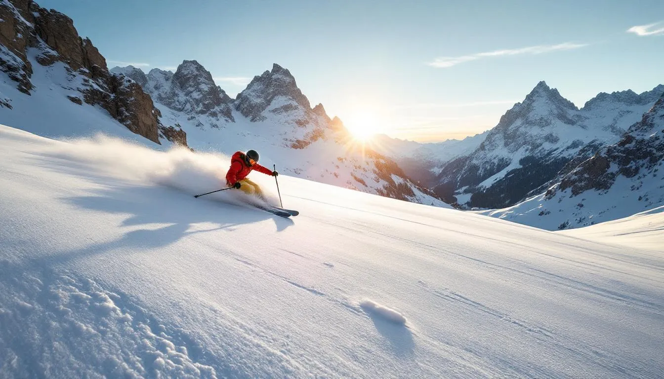 Sciatore sulle piste in una giornata di sole primaverile nelle Alpi italiane con neve e cieli azzurri