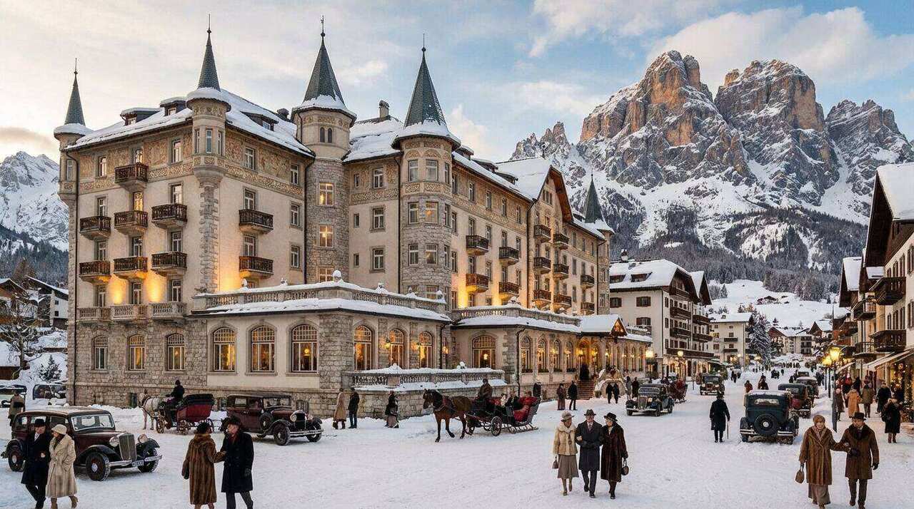 Panorama di Cortina d'Ampezzo con le Dolomiti innevate sullo sfondo