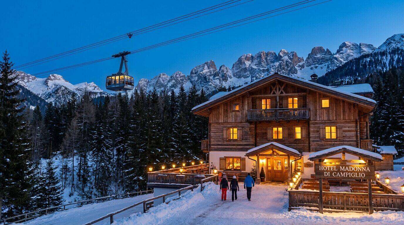 Madonna di Campiglio di notte con le piste illuminate e gli hotel illuminati
