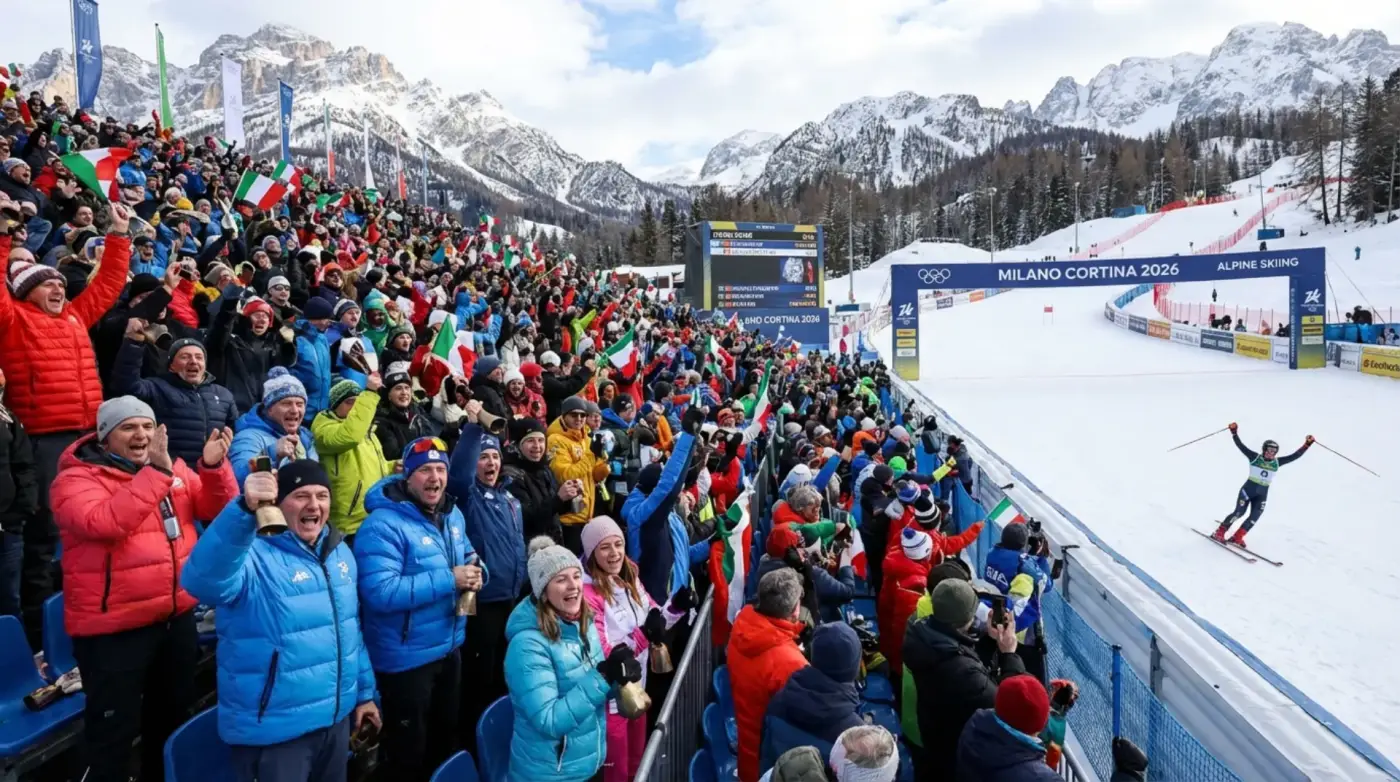 Pubblico che assiste alle gare olimpiche di sci sulle Dolomiti