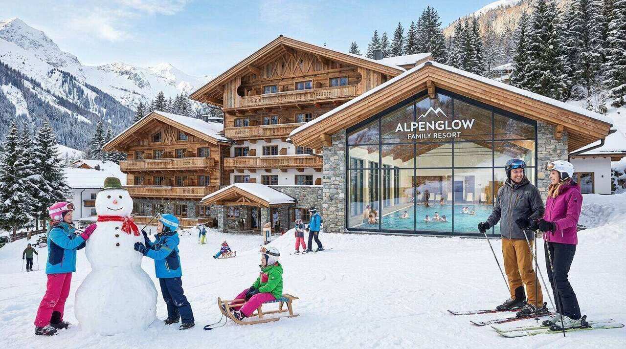 Famiglia con bambini sulle piste da sci nelle Dolomiti durante la settimana bianca invernale