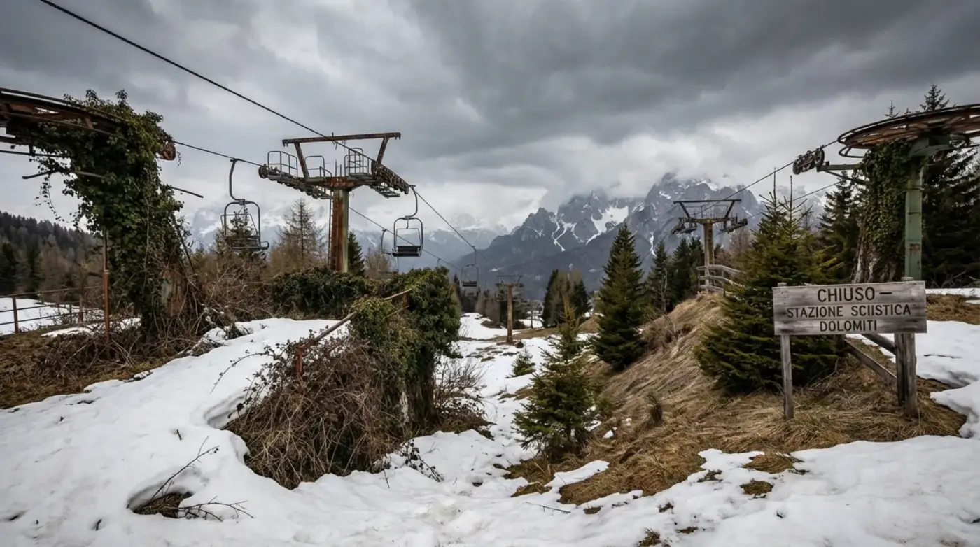 Impianto sciistico abbandonato nelle Alpi italiane con seggiovia dismessa e vegetazione che avanza