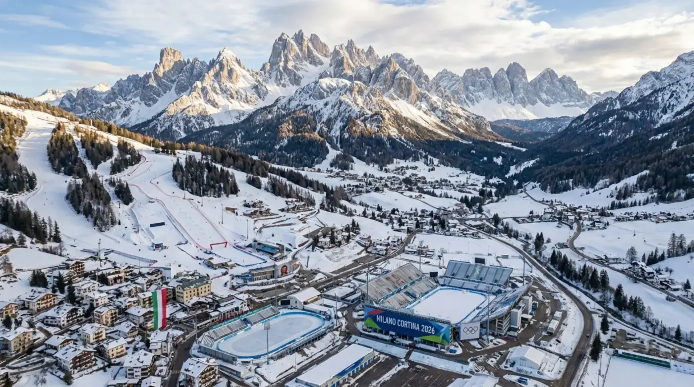 Piste olimpiche con vista sulle Dolomiti e logo Milano-Cortina 2026