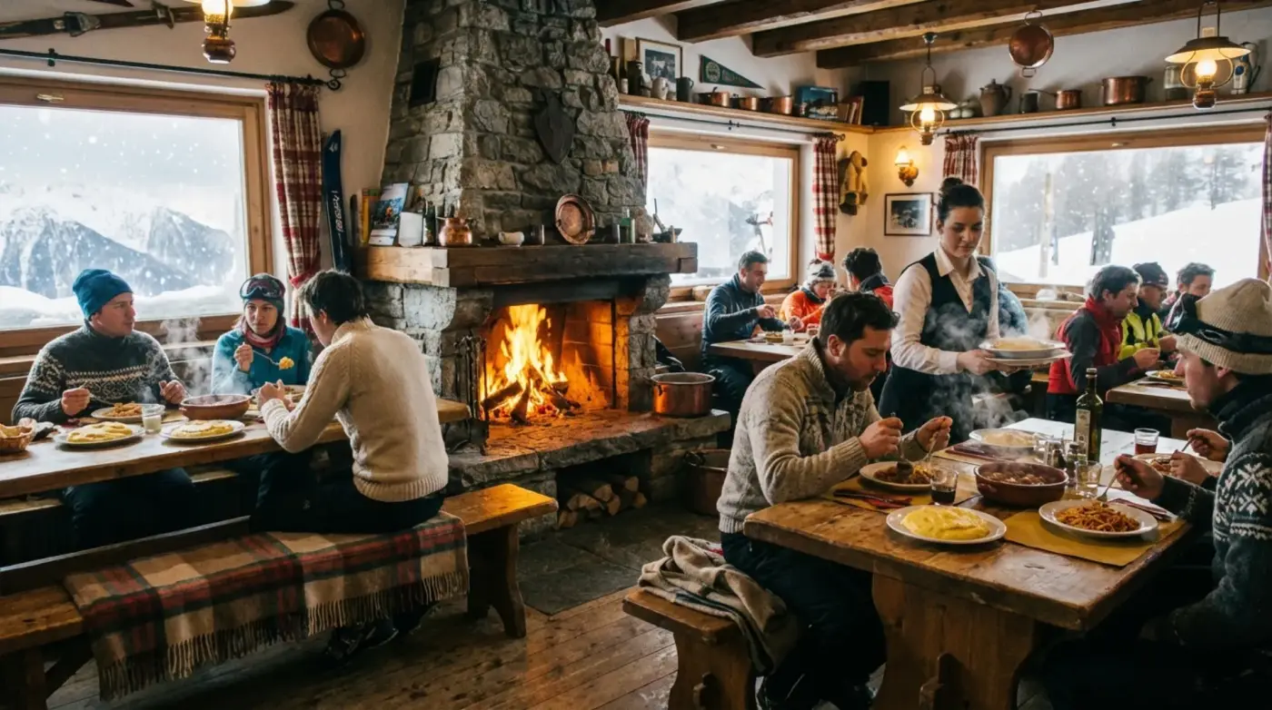 Interno di un rifugio alpino con piatti tipici di montagna serviti