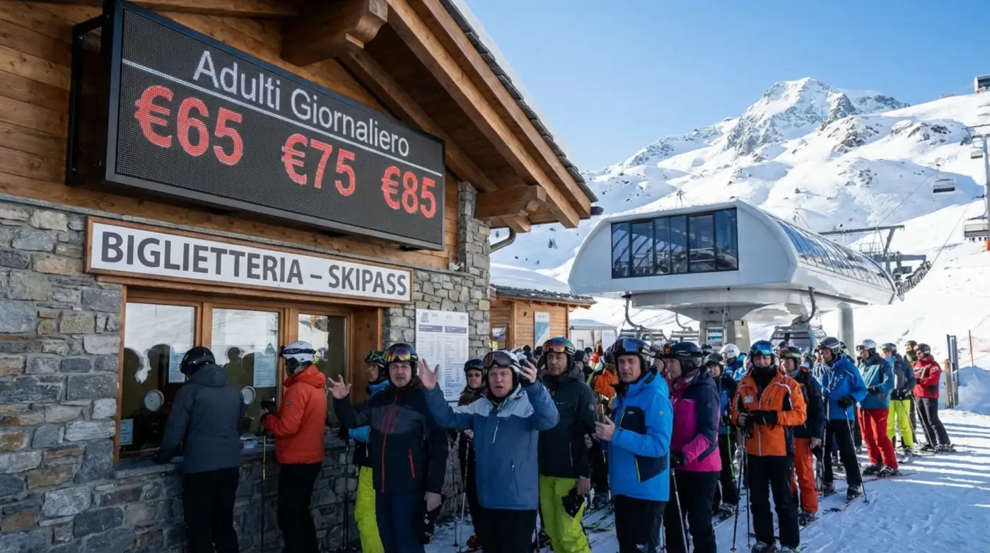 Tabellone prezzi skipass aggiornati in una stazione sciistica italiana con sciatori in attesa