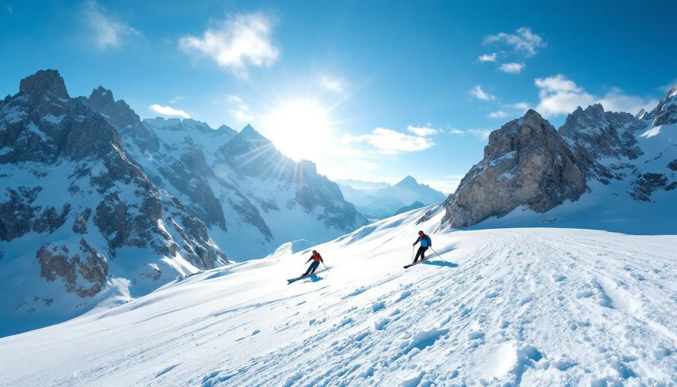 Panorama di un ghiacciaio alpino in primavera con sciatori e cielo azzurro intenso
