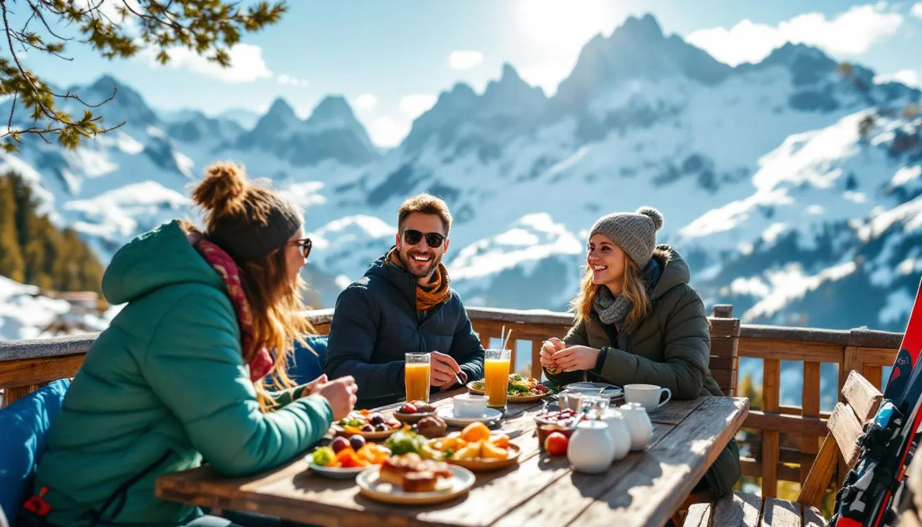 Famiglia di sciatori su una terrazza soleggiata in montagna con vista sulle Dolomiti innevate