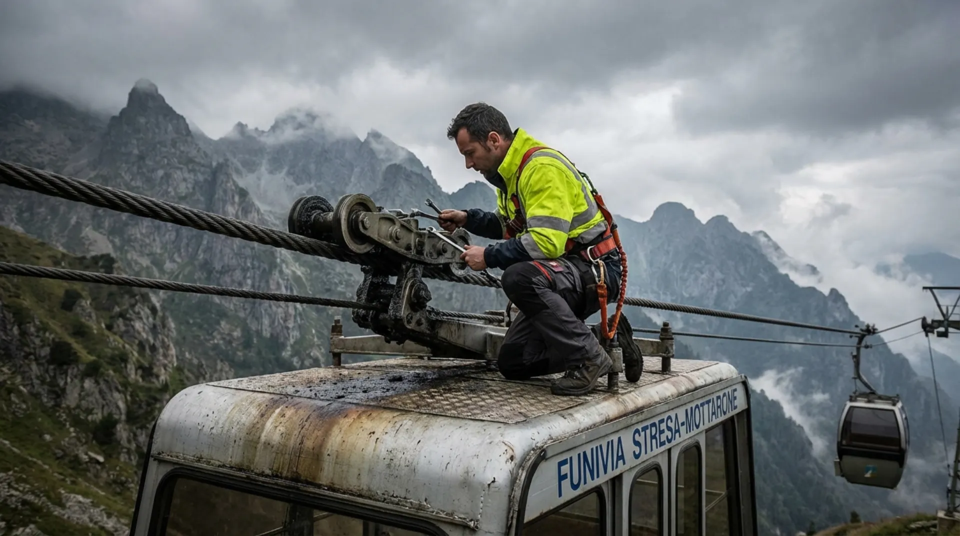 Funivia alpina con operatori di manutenzione che eseguono ispezioni di sicurezza