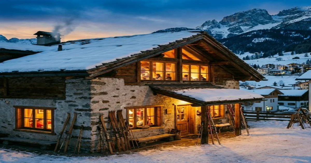 Chalet di montagna con sci appoggiati fuori, atmosfera invernale accogliente