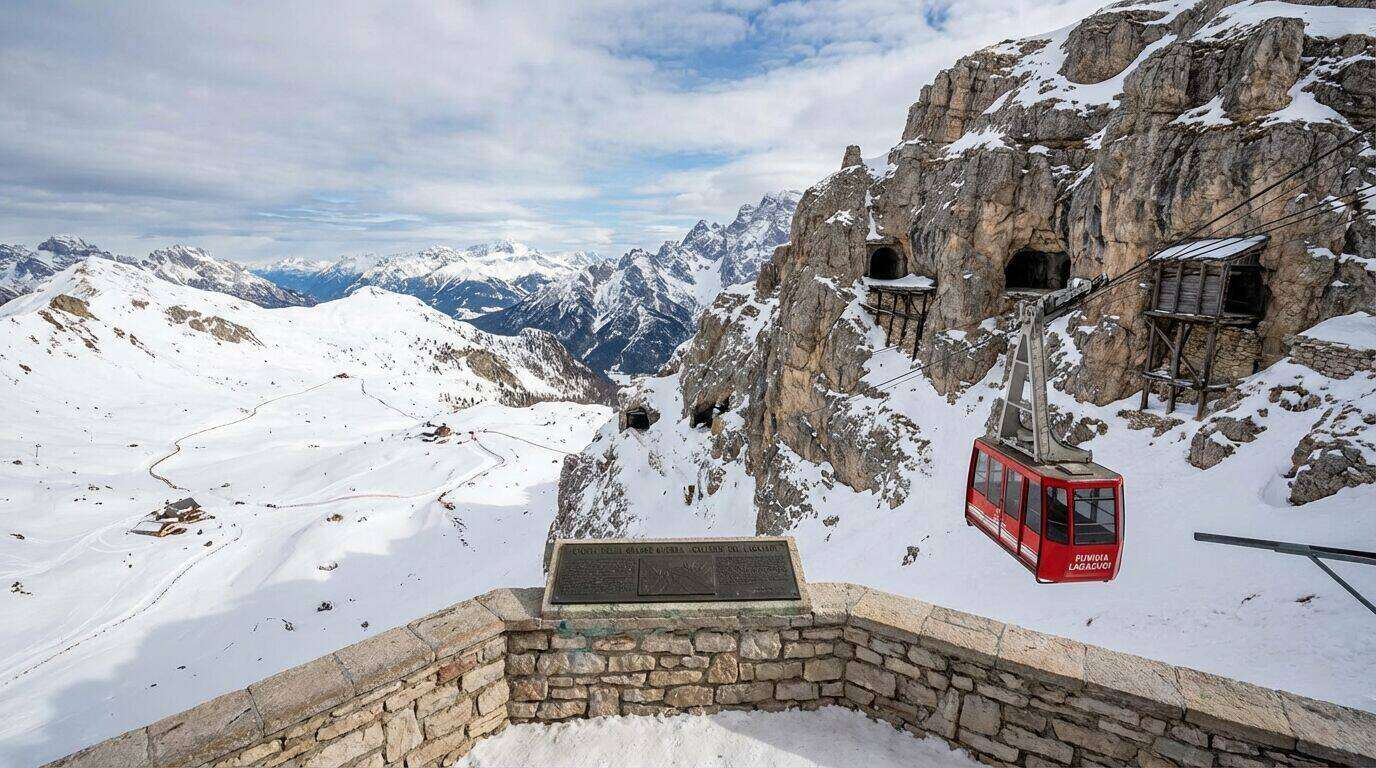 Funivia Lagazuoi con il Passo Falzarego sullo sfondo