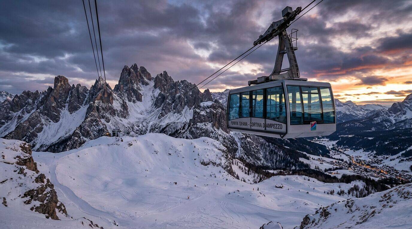 Cabina della Funivia Tofana con Cortina d'Ampezzo sullo sfondo