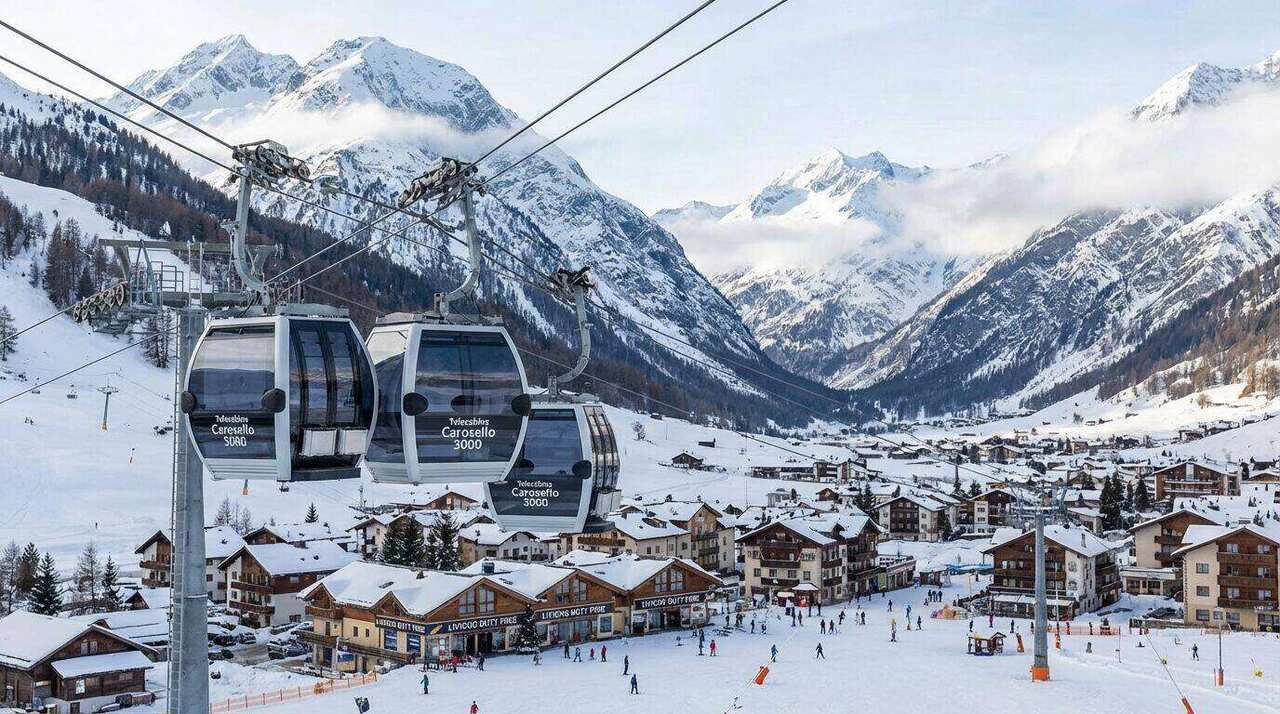 Telecabina Carosello 3000 con vista sul comprensorio di Livigno